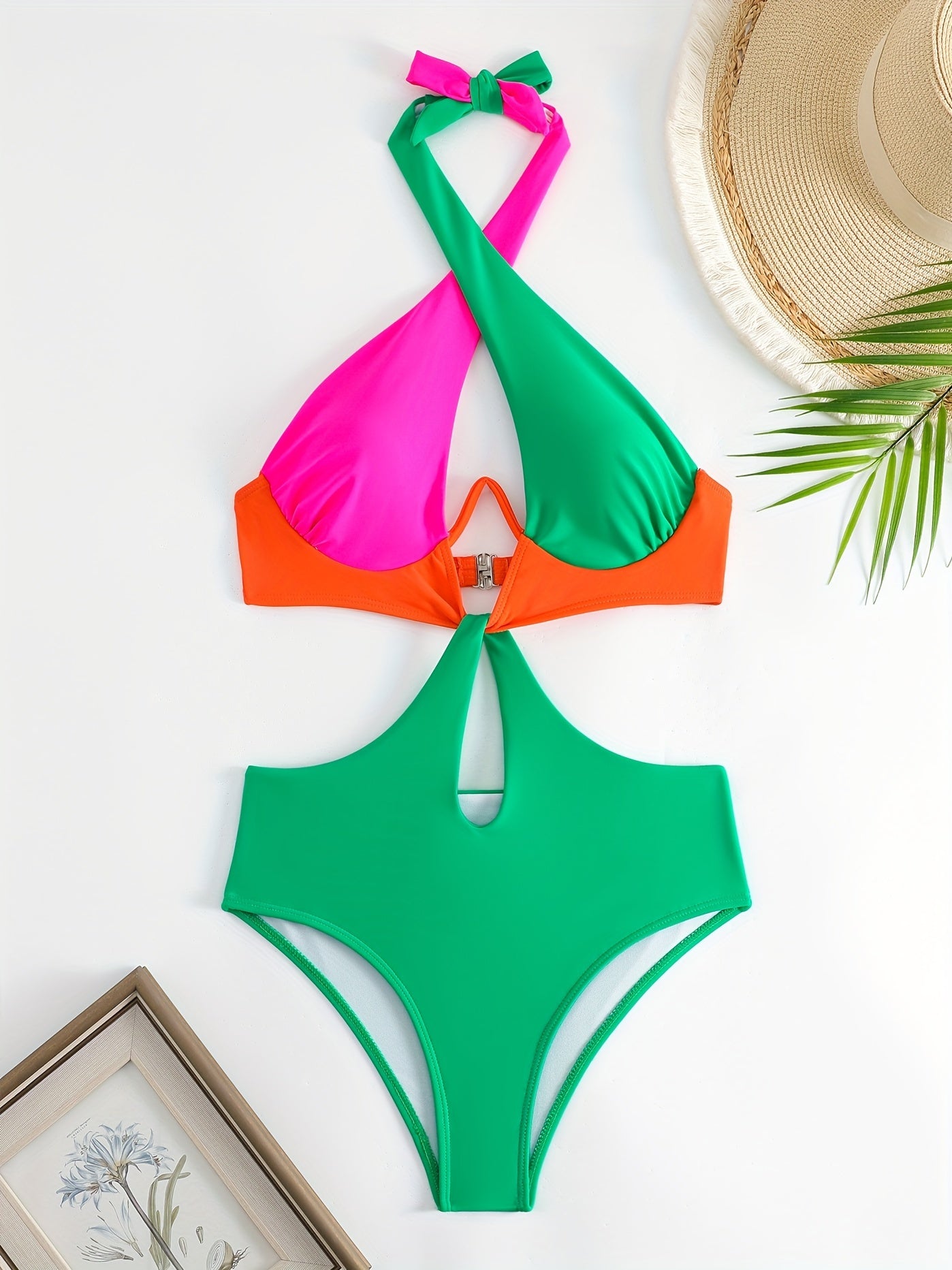 Colorblock Halter Neck One Piece Swimsuit, Cut Out Backless High Cut Bathing Suit, Women's Swimwear & Clothing